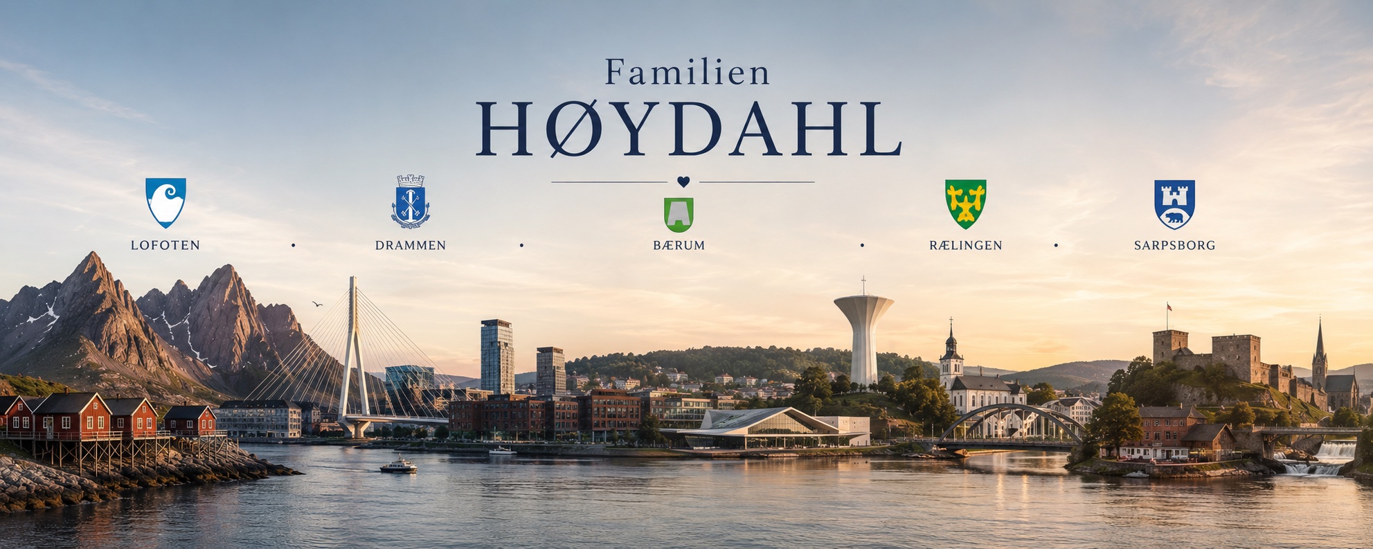 Familien Høydahl — våre steder: Lofoten, Drammen, Bærum, Rælingen og Sarpsborg, med fjord og fjell i solnedgang.